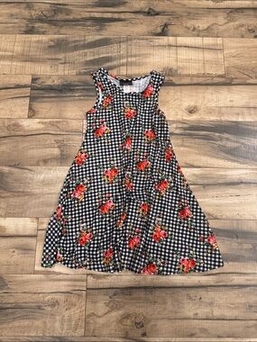 Discreet Black Gingham Dress with Red Floral Print